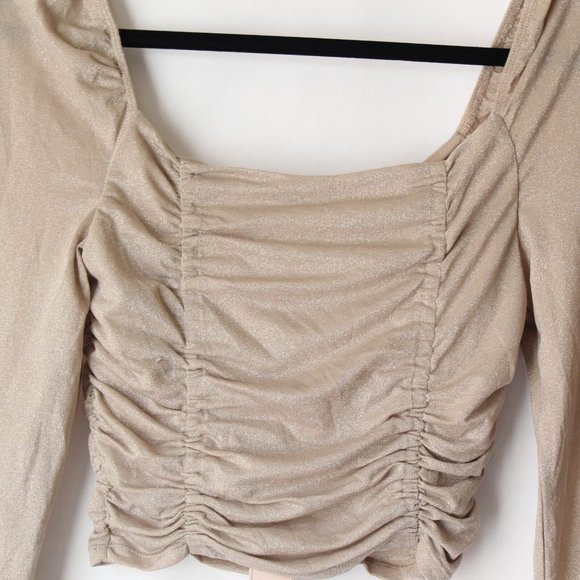 BCBGeneration Ruched Blouson Top Blouse Long Sleeve Shimmer Champagne NEW Small - Picture 3 of 4